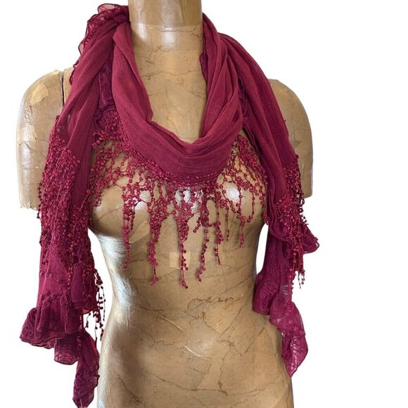 BOHO Artsy Ruffled Lacy Scarf by Coldwater Creek Burgundy Crochet Lace #335C - Picture 3 of 9